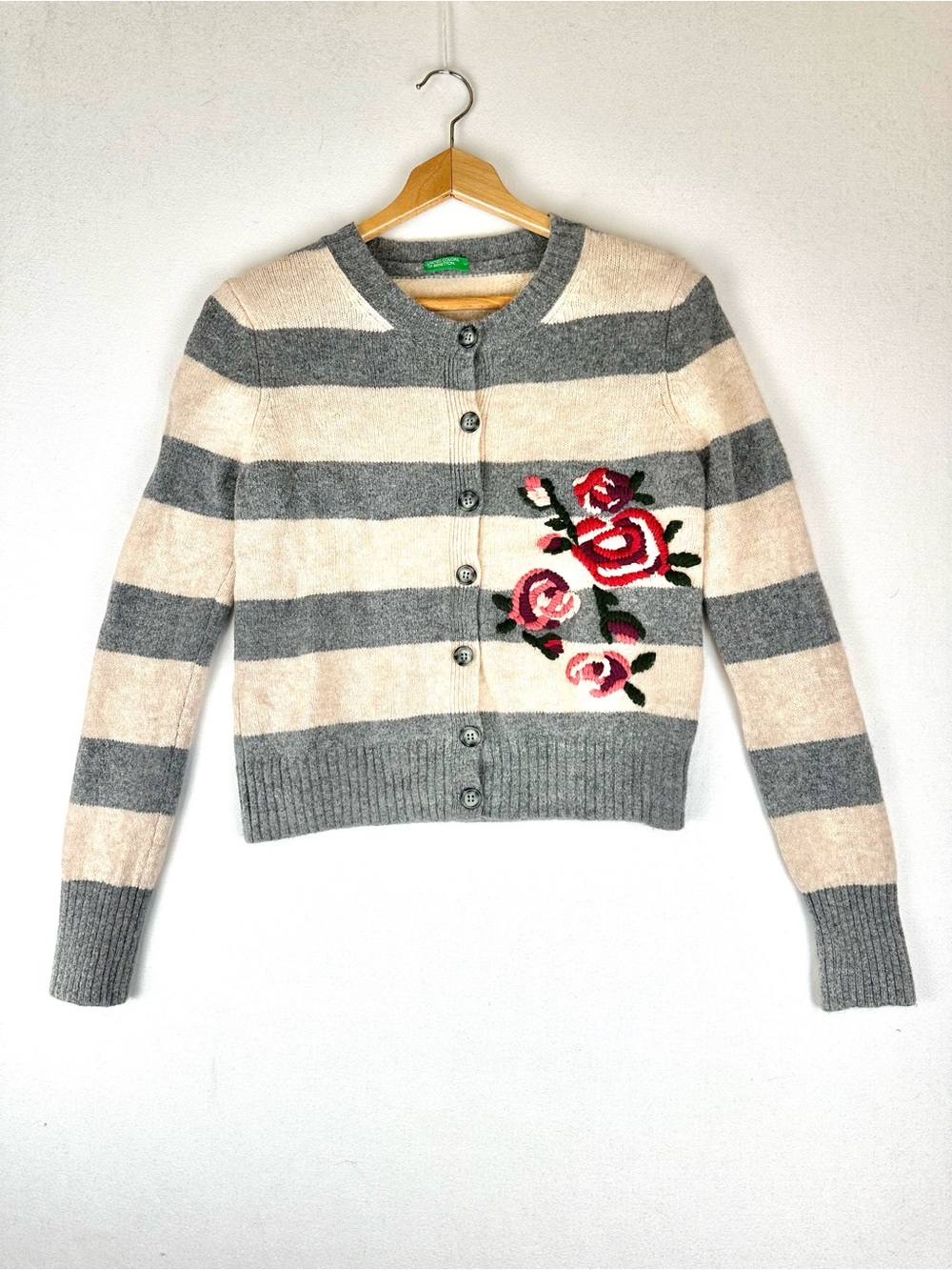 United Colors of Benneton Stripe Button Down Cardigan Sweater Embroidered Floral